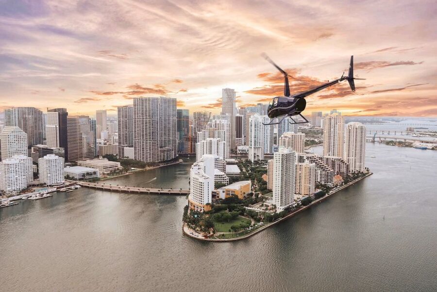 From Pembroke Pines: Helicopter Tour Over Miami - The Miami skyline from above, with the pilot doing the mapping